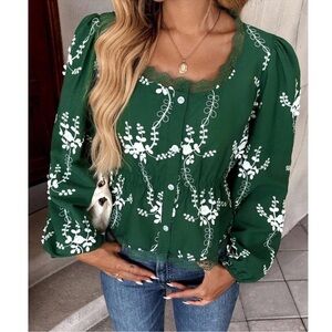 Boho Semi Sheer Lace Button Down Embroidered Floral Top XS S M L XL